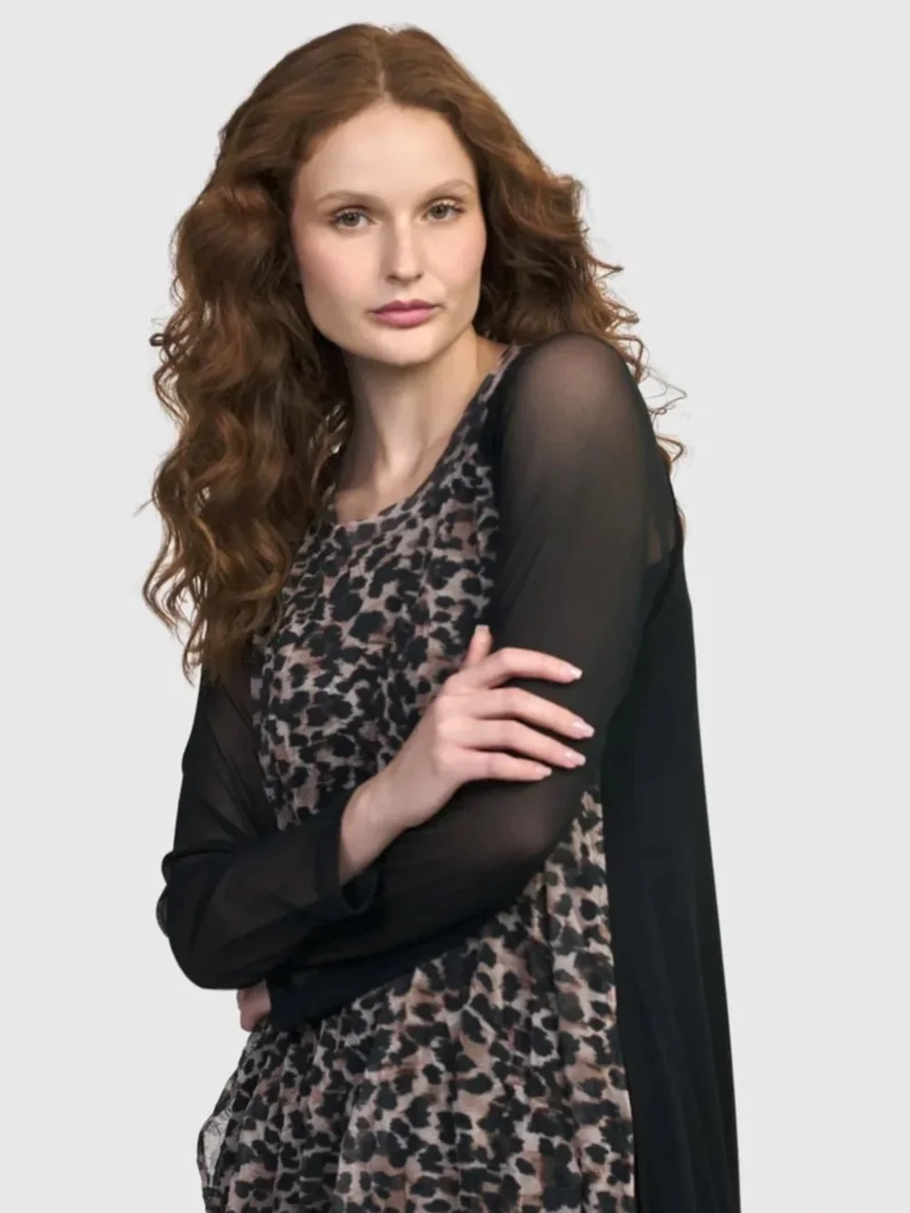 NWT Alembika Wildcat Black Leopard Sheer Crinkle Stretch Mesh Tunic Top Size Med - Picture 3 of 10